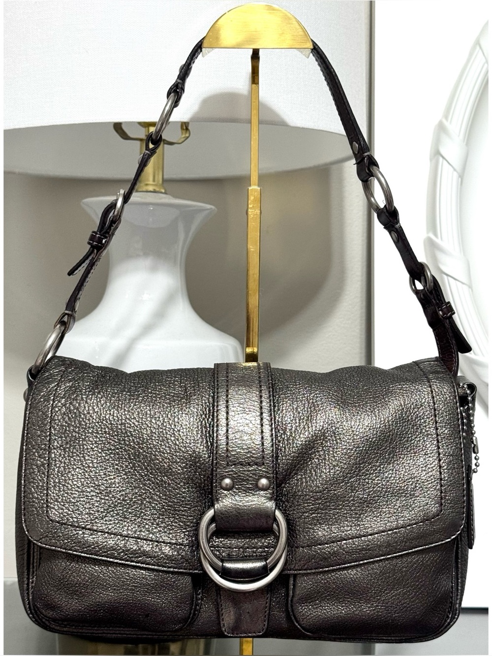 VINTAGE COACH Metallic Pebbled Leather Soho Buckle Flap Shoulder Bag